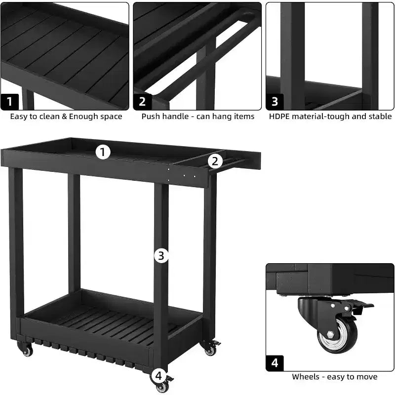2-Tier Utility Cart with 4 *360Steering Wheels and 2 Brakes, 1000 Lb Rolling Utility Cart, Home/Office/Warehouse/Cafeteria/Cleaning