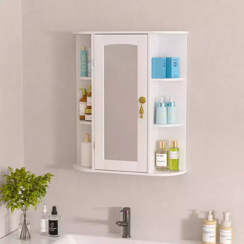 VECELO Bathroom Storage Cabinet with Mirror, Wall Mounted Medicine Cabinet with Door & 6 Open Shelves, Inner Adjustable Shelf, White