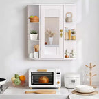 VECELO Bathroom Storage Cabinet with Mirror, Wall Mounted Medicine Cabinet with Door & 6 Open Shelves, Inner Adjustable Shelf, White