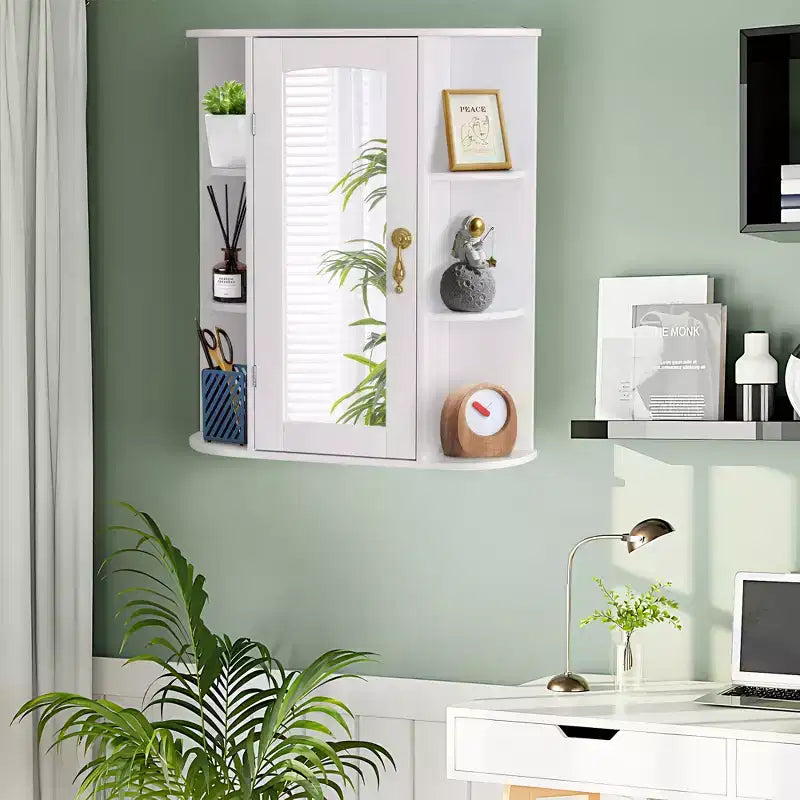 VECELO Bathroom Storage Cabinet with Mirror, Wall Mounted Medicine Cabinet with Door & 6 Open Shelves, Inner Adjustable Shelf, White