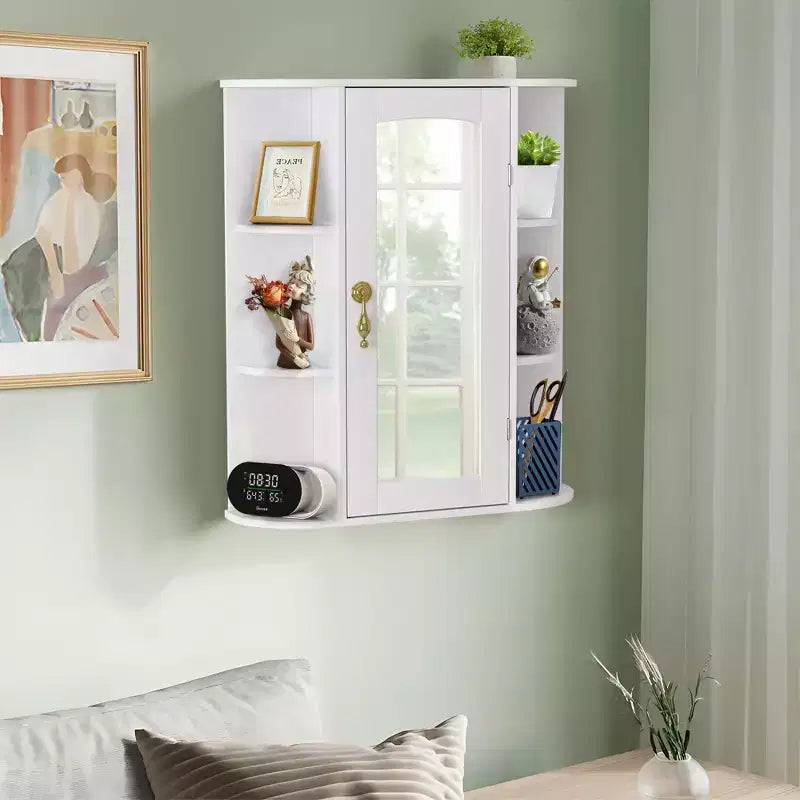 VECELO Bathroom Storage Cabinet with Mirror, Wall Mounted Medicine Cabinet with Door & 6 Open Shelves, Inner Adjustable Shelf, White