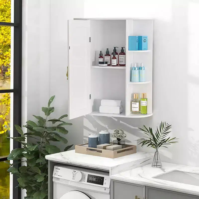 VECELO Bathroom Storage Cabinet with Mirror, Wall Mounted Medicine Cabinet with Door & 6 Open Shelves, Inner Adjustable Shelf, White