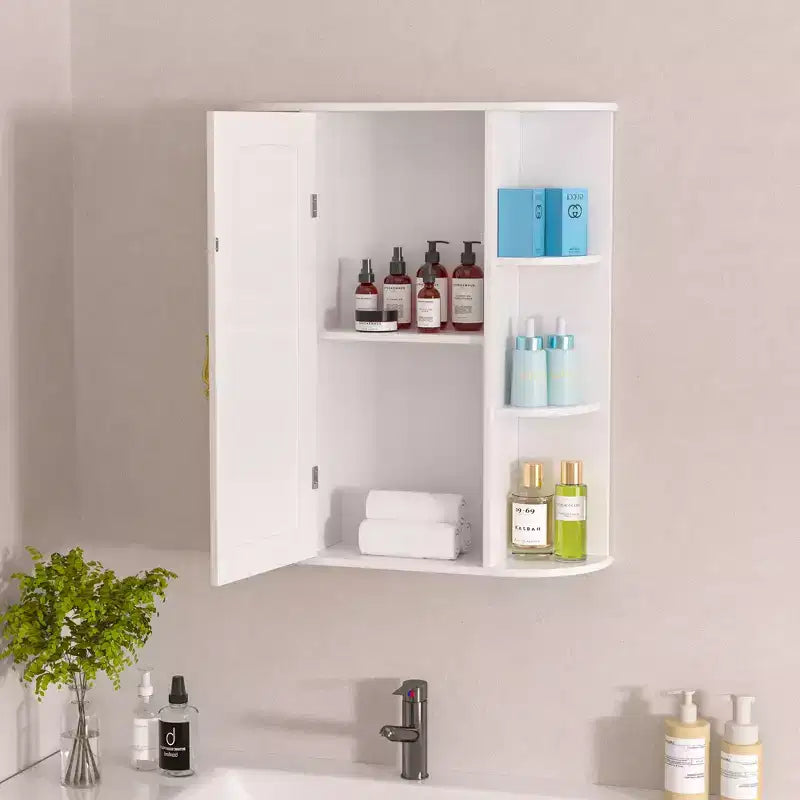 VECELO Bathroom Storage Cabinet with Mirror, Wall Mounted Medicine Cabinet with Door & 6 Open Shelves, Inner Adjustable Shelf, White