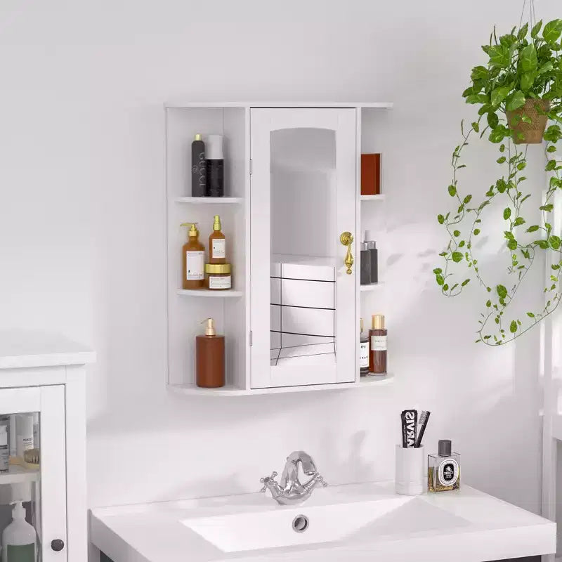 VECELO Bathroom Storage Cabinet with Mirror, Wall Mounted Medicine Cabinet with Door & 6 Open Shelves, Inner Adjustable Shelf, White