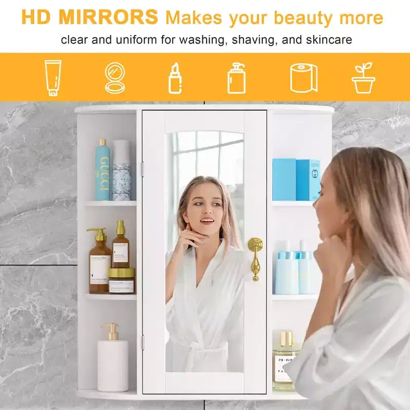 VECELO Bathroom Storage Cabinet with Mirror, Wall Mounted Medicine Cabinet with Door & 6 Open Shelves, Inner Adjustable Shelf, White