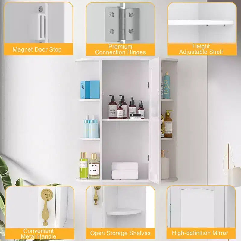 VECELO Bathroom Storage Cabinet with Mirror, Wall Mounted Medicine Cabinet with Door & 6 Open Shelves, Inner Adjustable Shelf, White