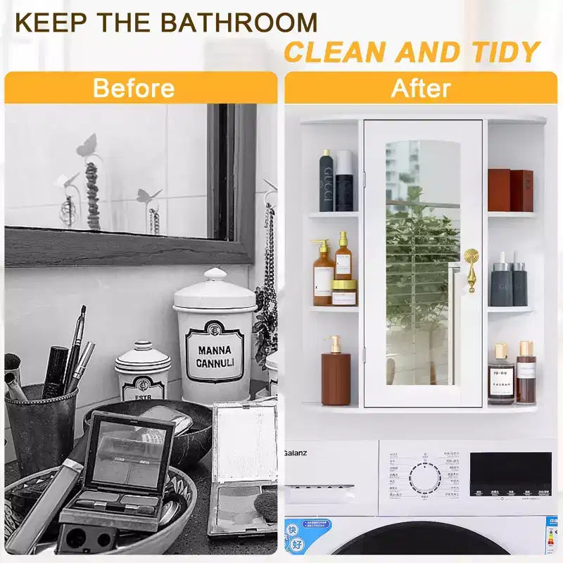 VECELO Bathroom Storage Cabinet with Mirror, Wall Mounted Medicine Cabinet with Door & 6 Open Shelves, Inner Adjustable Shelf, White