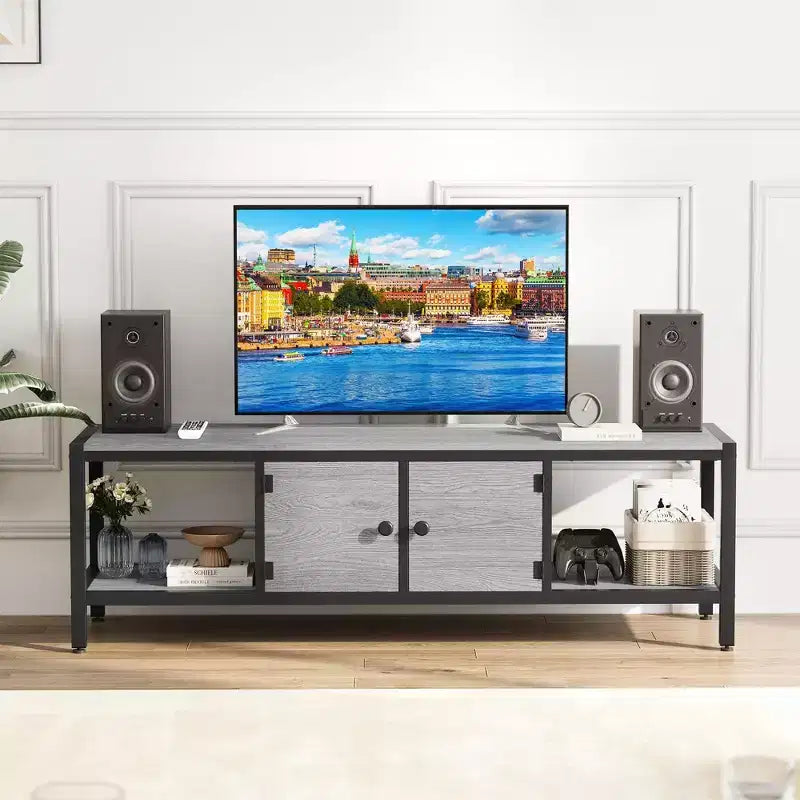 Whizmax 65 Rustic TV Stand for TVs up to 75, Entertainment Center with Storage, 2 Doors & Adjustable Legs, Open Shelves for Living Room