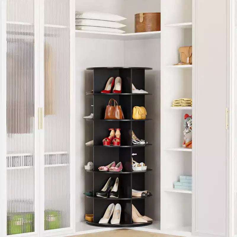 6 Tier Rotating Shoe Rack Tower, Revolving Shoe Rack Storage, Round Carousel Vertical Handbag and Shoe Organizer ,Black