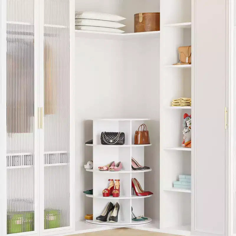 4 Tier Rotating Shoe Rack Tower, Revolving Shoe Rack Storage, Round Carousel Vertical Handbag and Shoe Organizer ,White