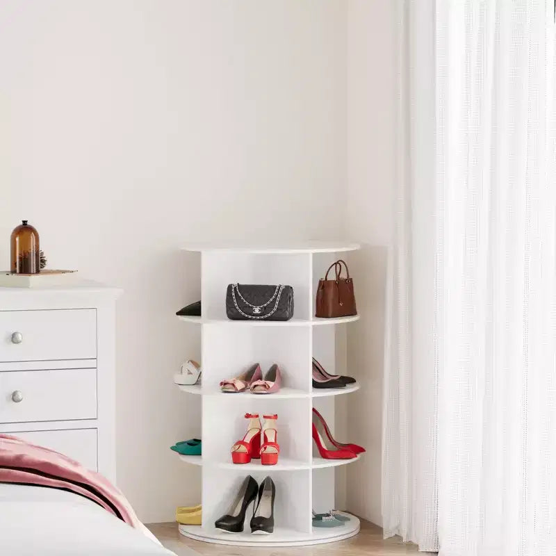 4 Tier Rotating Shoe Rack Tower, Revolving Shoe Rack Storage, Round Carousel Vertical Handbag and Shoe Organizer ,White