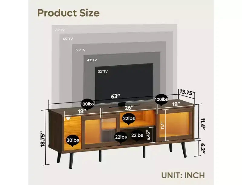 Bestier Modern 63 TV Stand with LED Lights for TVs up to 70 , Media Console with Cable Management