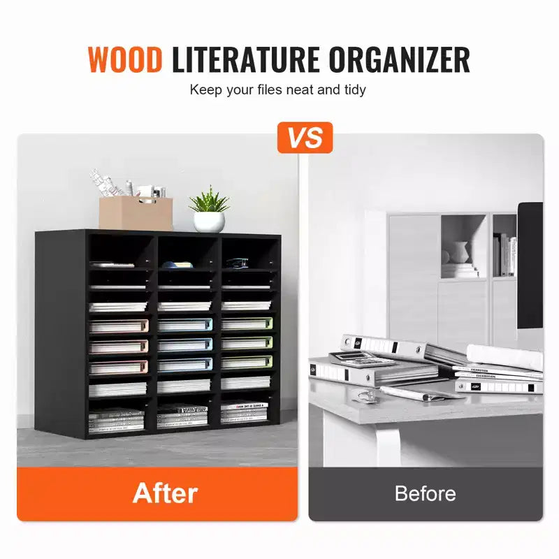VEVOR Wood Literature Organizer, 24 Compartments, File Sorter with Removable Shelves, Mailboxes Slot for Office Home Classroom,EPA Certified