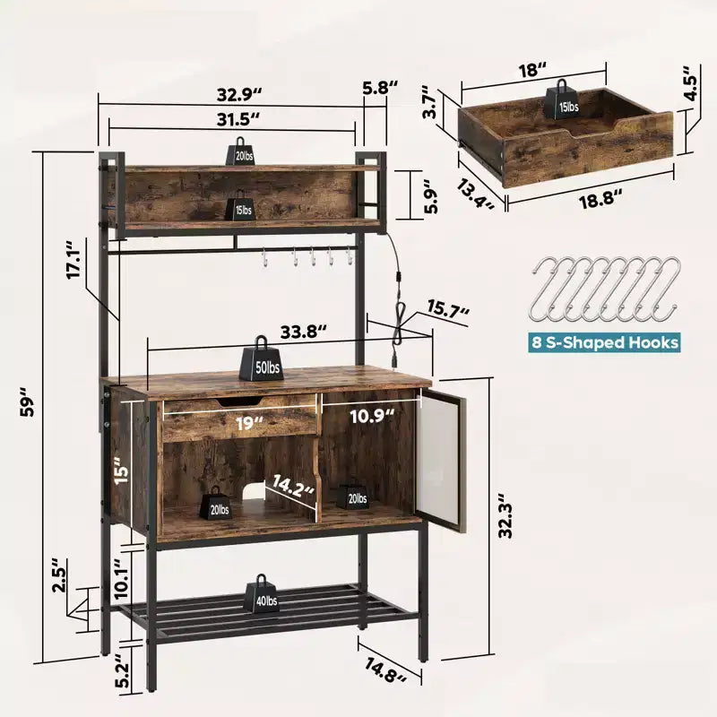 Besiter 60 Kitchen Baker's Rack with LED Light 6-Tier Microwave Stand with Storage Drawer Cabinet & 8 Hooks