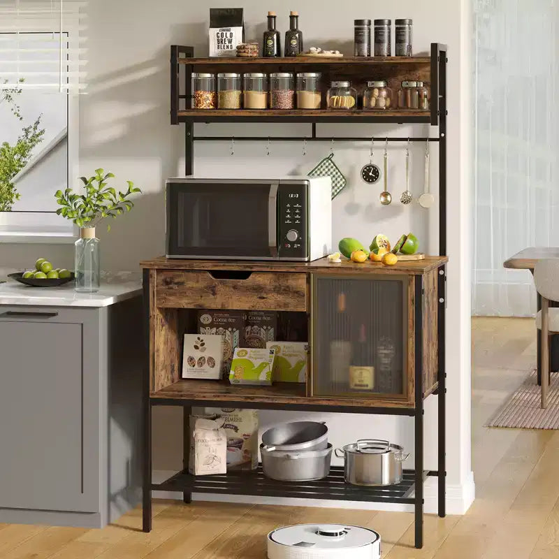 Besiter 60 Kitchen Baker's Rack with LED Light 6-Tier Microwave Stand with Storage Drawer Cabinet & 8 Hooks
