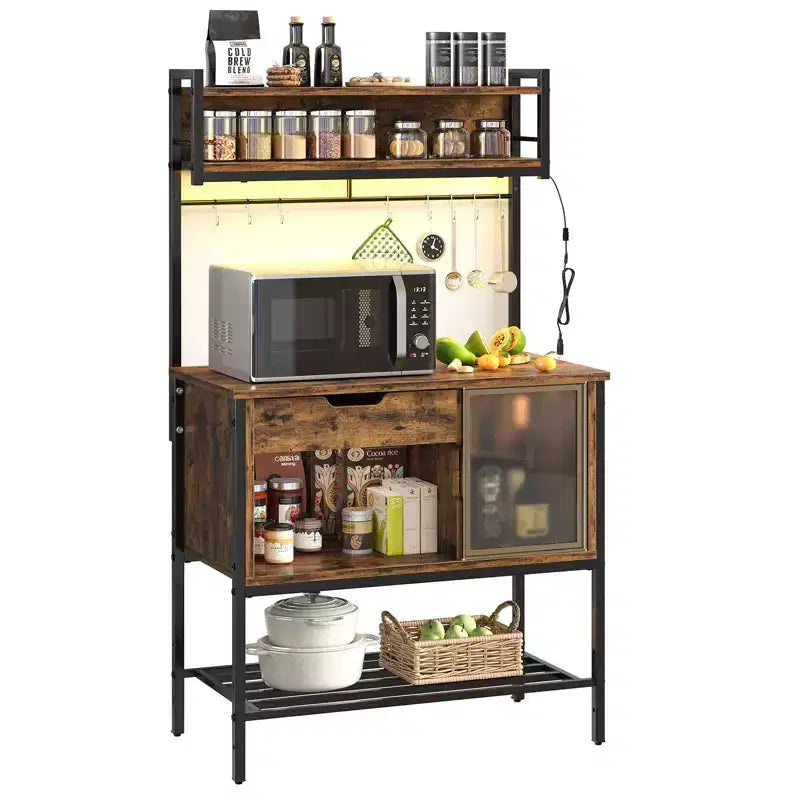 Besiter 60 Kitchen Baker's Rack with LED Light 6-Tier Microwave Stand with Storage Drawer Cabinet & 8 Hooks
