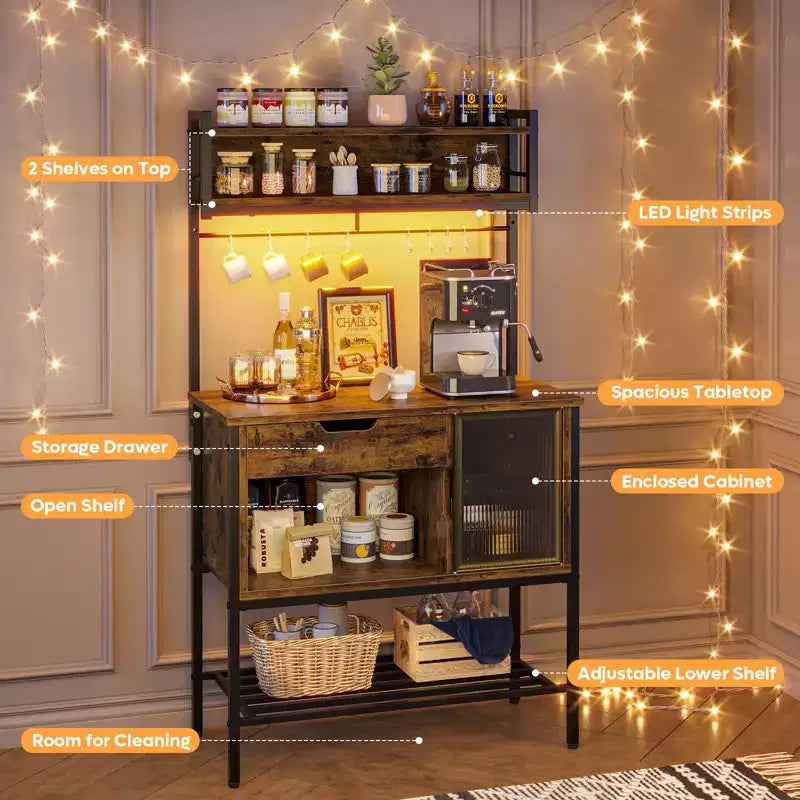 Besiter 60 Kitchen Baker's Rack with LED Light 6-Tier Microwave Stand with Storage Drawer Cabinet & 8 Hooks