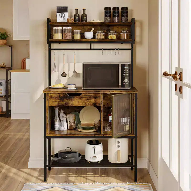 Besiter 60 Kitchen Baker's Rack with LED Light 6-Tier Microwave Stand with Storage Drawer Cabinet & 8 Hooks
