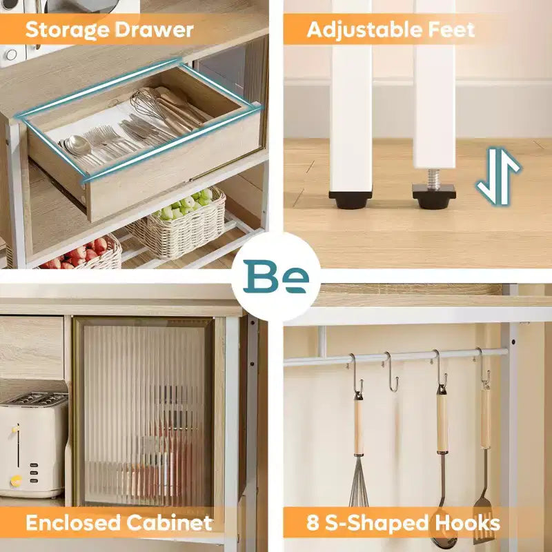 Besiter 60 Kitchen Baker's Rack with LED Light 6-Tier Microwave Stand with Storage Drawer Cabinet & 8 Hooks