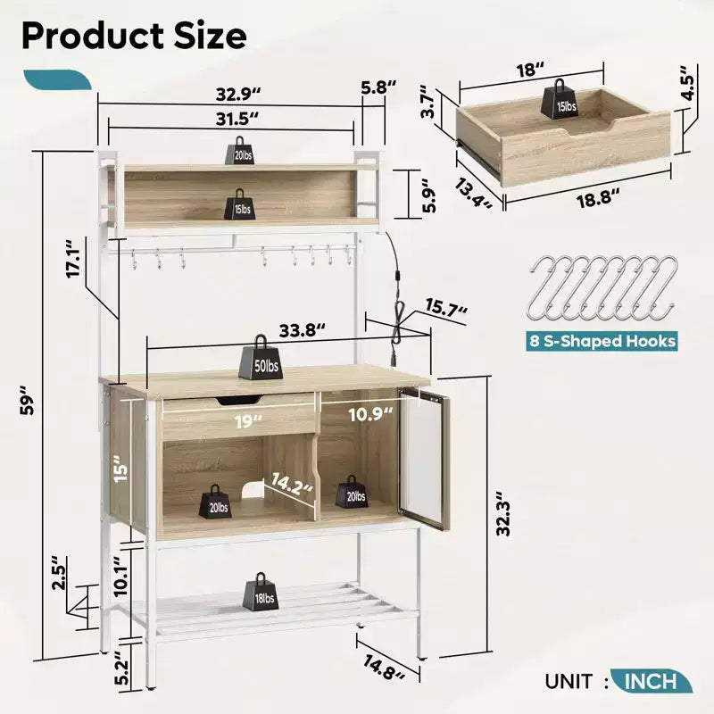 Besiter 60 Kitchen Baker's Rack with LED Light 6-Tier Microwave Stand with Storage Drawer Cabinet & 8 Hooks