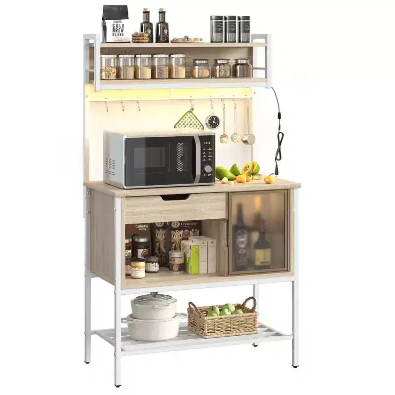 Besiter 60 Kitchen Baker's Rack with LED Light 6-Tier Microwave Stand with Storage Drawer Cabinet & 8 Hooks