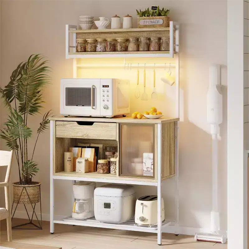Besiter 60 Kitchen Baker's Rack with LED Light 6-Tier Microwave Stand with Storage Drawer Cabinet & 8 Hooks