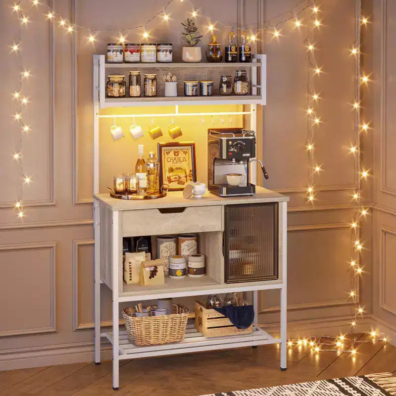 Besiter 60 Kitchen Baker's Rack with LED Light 6-Tier Microwave Stand with Storage Drawer Cabinet & 8 Hooks