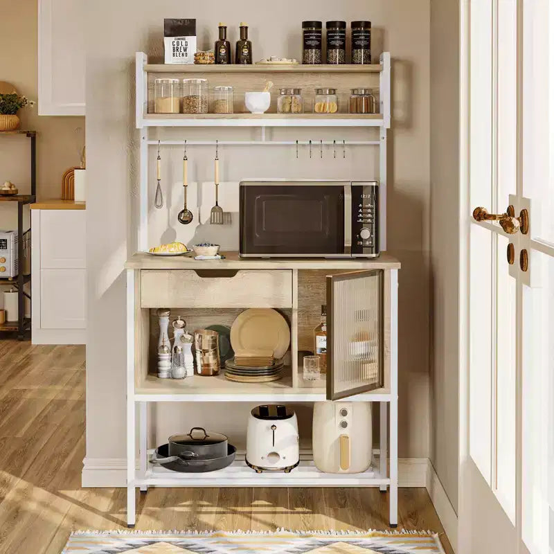 Besiter 60 Kitchen Baker's Rack with LED Light 6-Tier Microwave Stand with Storage Drawer Cabinet & 8 Hooks
