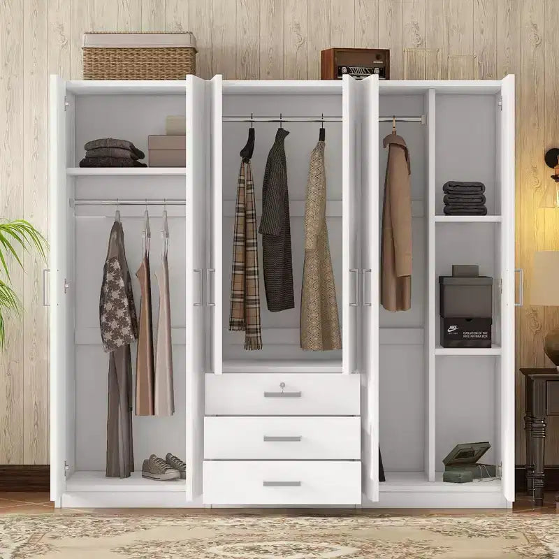 6-Doors Wooden Wardrobe Storage for Bedroom, with Big Drawers, Brown