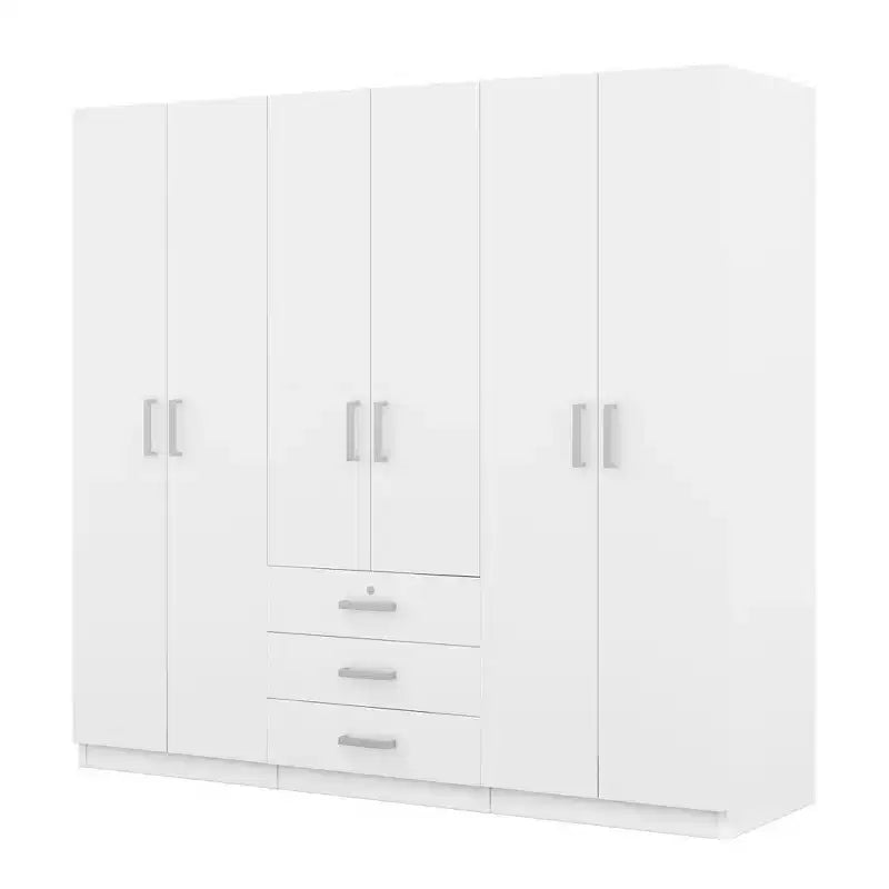 6-Doors Wooden Wardrobe Storage for Bedroom, with Big Drawers, Brown