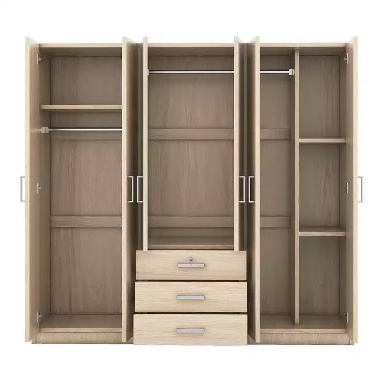 6-Doors Wooden Wardrobe Storage for Bedroom, with Big Drawers, Brown