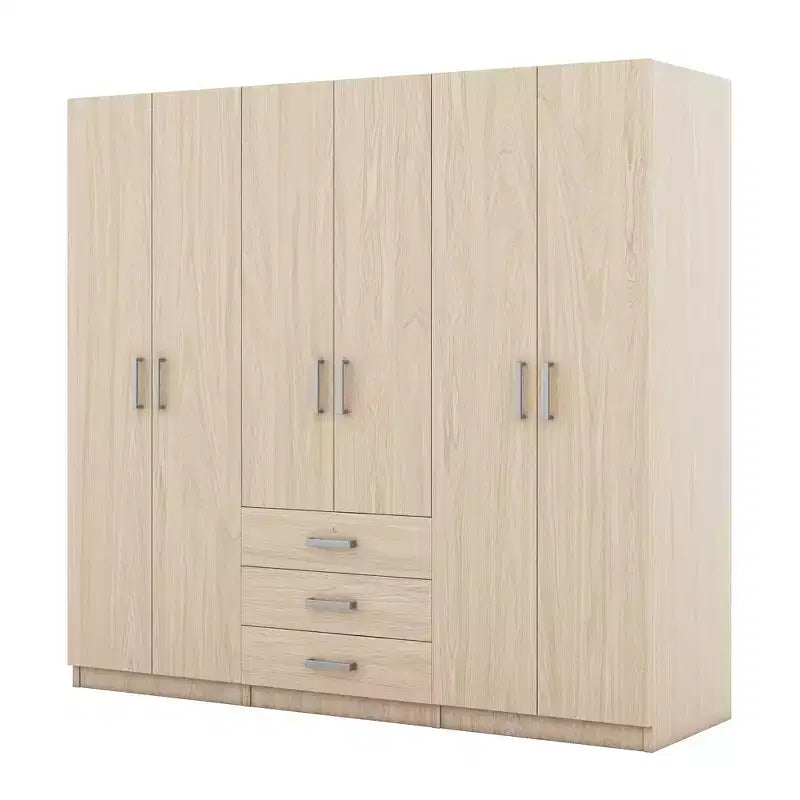 6-Doors Wooden Wardrobe Storage for Bedroom, with Big Drawers, Brown