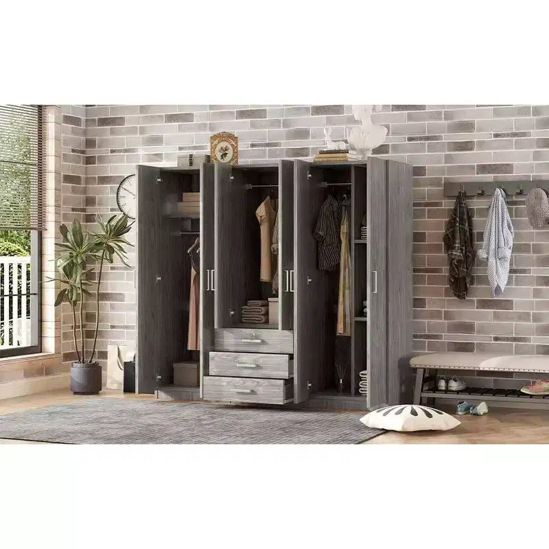 6-Doors Wooden Wardrobe Storage for Bedroom, with Big Drawers, Brown
