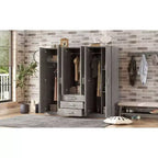6-Doors Wooden Wardrobe Storage for Bedroom, with Big Drawers, Brown