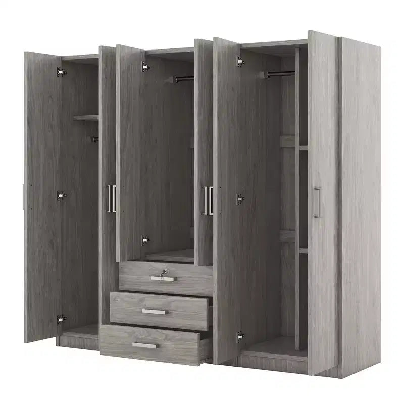 6-Doors Wooden Wardrobe Storage for Bedroom, with Big Drawers, Brown