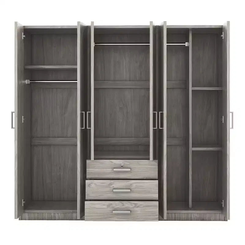 6-Doors Wooden Wardrobe Storage for Bedroom, with Big Drawers, Brown