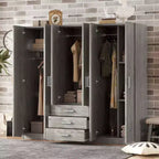 6-Doors Wooden Wardrobe Storage for Bedroom, with Big Drawers, Brown