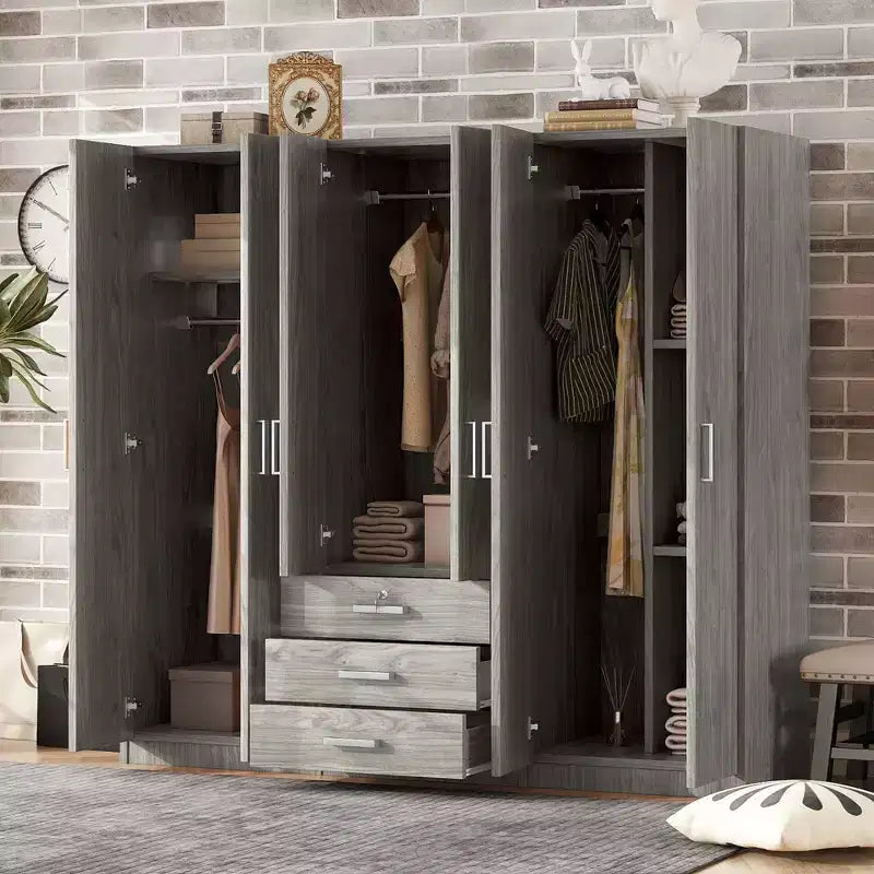 6-Doors Wooden Wardrobe Storage for Bedroom, with Big Drawers, Brown