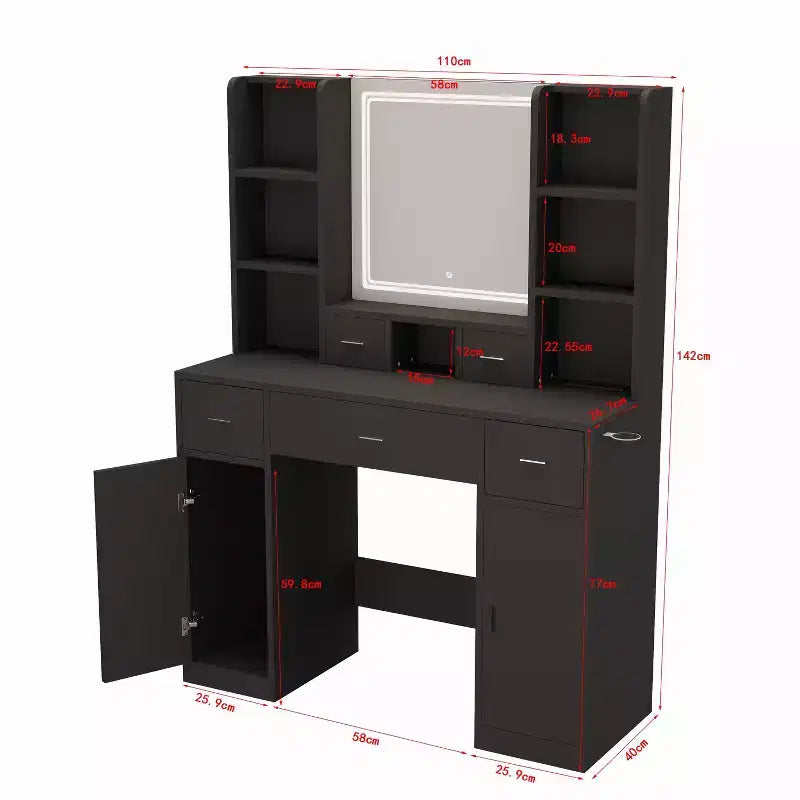 Tocador Okak con luces, con cassetti e mobiletto, toletta con sgabello imbottito per camera da letto o salotto