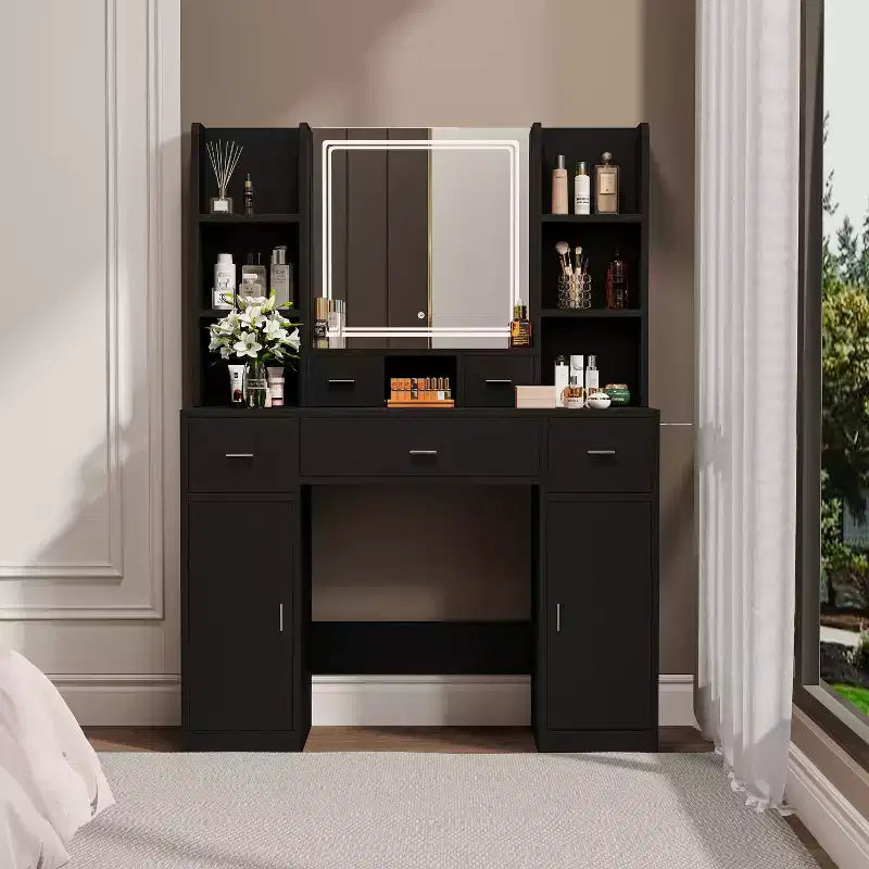 Tocador Okak con luces, con cassetti e mobiletto, toletta con sgabello imbottito per camera da letto o salotto