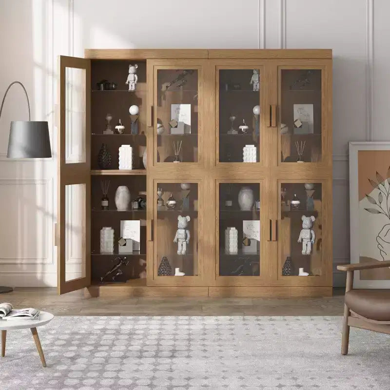 Wood Accent Cabinet, Storage Organizer with Adjustable Shelves and Glass Doors for Kitchen Bedroom Entryway Living Room Dinning Room