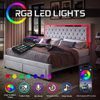 AMERLIFE Bed Frame with LED Lights&Storage Drawers, Velvet Upholstered Platform Bed