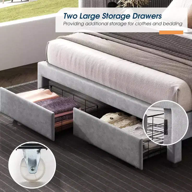 AMERLIFE Bed Frame with LED Lights&Storage Drawers, Velvet Upholstered Platform Bed