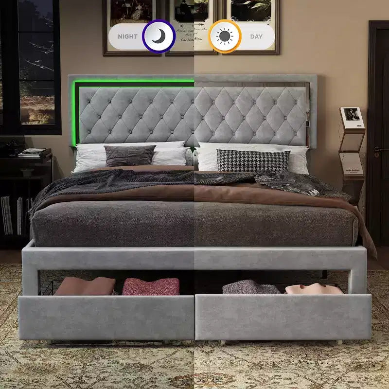 AMERLIFE Bed Frame with LED Lights&Storage Drawers, Velvet Upholstered Platform Bed