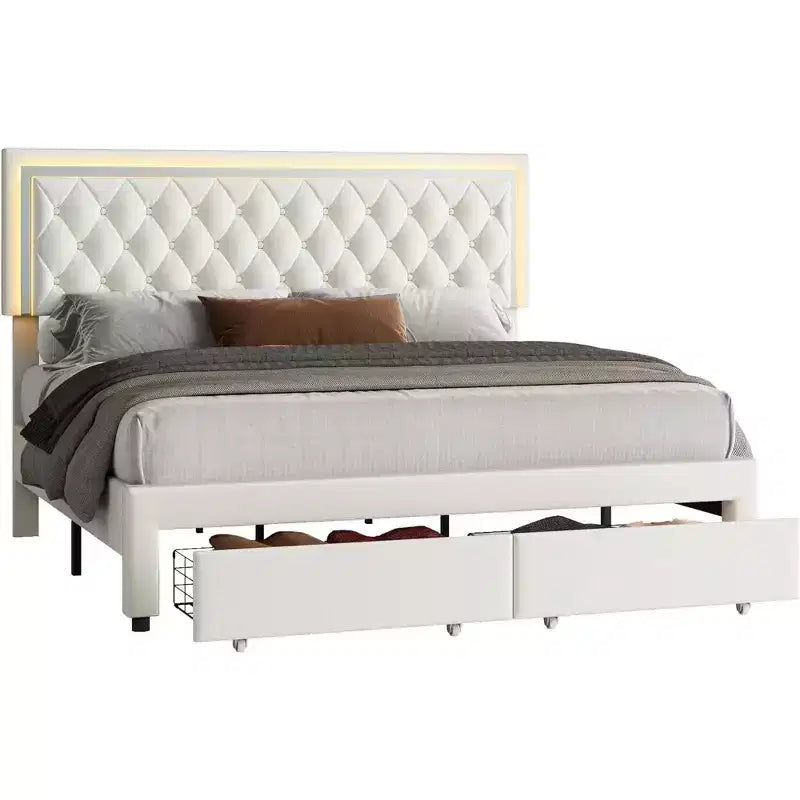 AMERLIFE Bed Frame with LED Lights&Storage Drawers, Velvet Upholstered Platform Bed