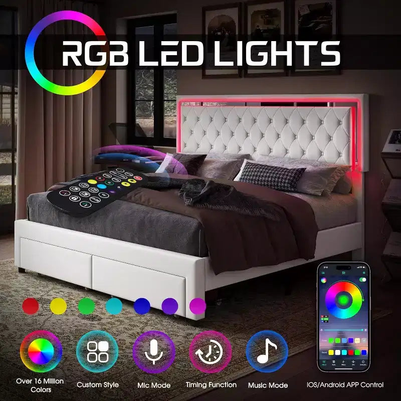 AMERLIFE Bed Frame with LED Lights&Storage Drawers, Velvet Upholstered Platform Bed