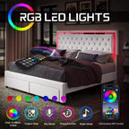 AMERLIFE Bed Frame with LED Lights&Storage Drawers, Velvet Upholstered Platform Bed