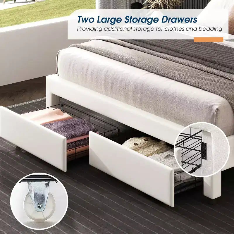 AMERLIFE Bed Frame with LED Lights&Storage Drawers, Velvet Upholstered Platform Bed