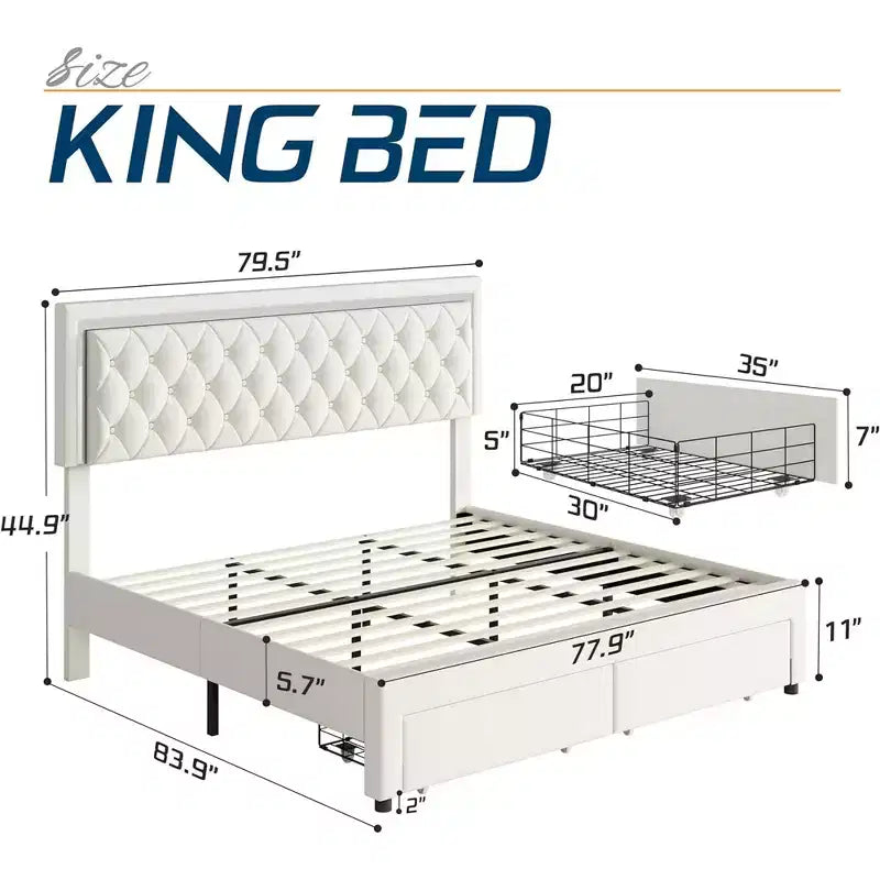 AMERLIFE Bed Frame with LED Lights&Storage Drawers, Velvet Upholstered Platform Bed