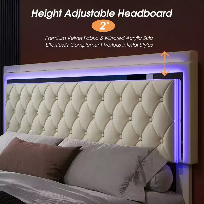 AMERLIFE Bed Frame with LED Lights&Storage Drawers, Velvet Upholstered Platform Bed
